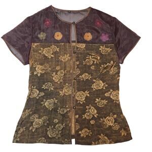 Womens Vtg Y2K Fairy Whimsigoth Asian Geisha Sheer 100% Silk Beaded Floral Top L